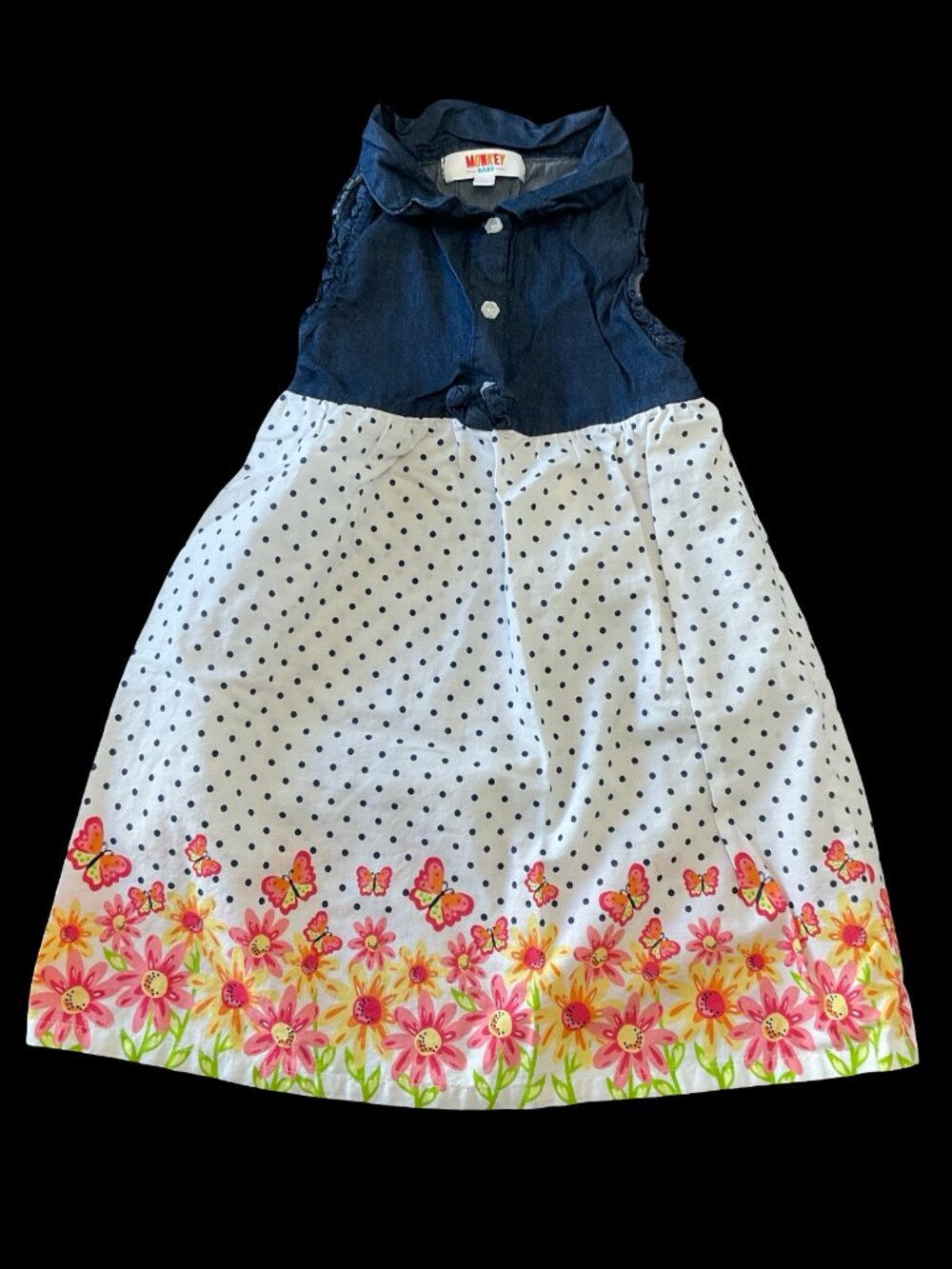 👣 5/$25  - White/Blue Floral & Polka Dot Print Dress w/ Chambray Bodice